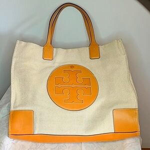 Tory Burch Ella Canvas Tote Handbag Tan Khaki Fabric Leather Logo